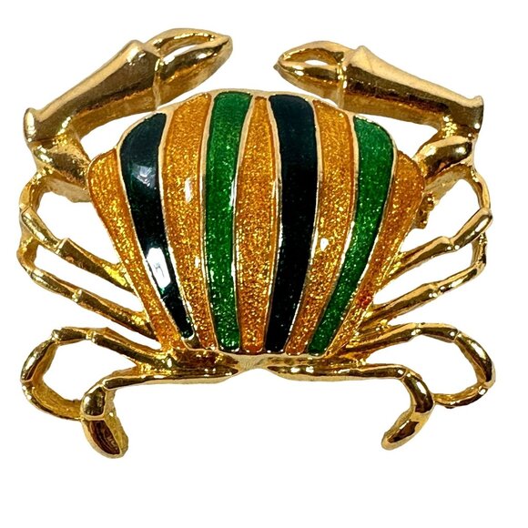 Whimsy Crab Pin Brooch Gold Tone Blue Green Shimmer Enamel Summer Fash Figural - Picture 1 of 7